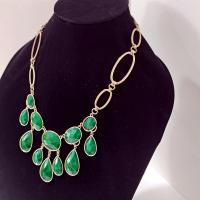 Vintage Green and Black Cabochon Bib Statement Necklace, Gold Tone Green Teardrop Dangle Necklace