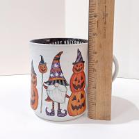 Vintage Halloween Gnome and Pumpkin Ceramic Oversized Coffee Mug, Cobwebs and Cauldrons Halloween Mug