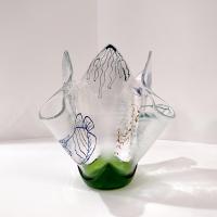 Large Aquatic Themed Fused Glass Handkerchief Vase, Fish and Frog Design, Beach Decor