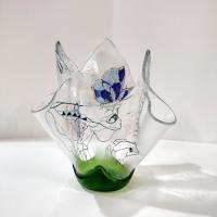 Large Aquatic Themed Fused Glass Handkerchief Vase, Fish and Frog Design, Beach Decor