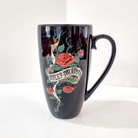 Vintage Harley Davidson Black Ceramic Mug with HD Banner Roses Thorns and Bar Shield Sculpted Embossed Design