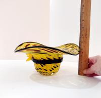 Vintage Blown Glass Hat Bowl, Yellow and Black Art Glass Bowl, Ladies Hat Art Piece