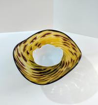 Vintage Blown Glass Hat Bowl, Yellow and Black Art Glass Bowl, Ladies Hat Art Piece