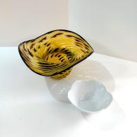 Vintage Blown Glass Hat Bowl, Yellow and Black Art Glass Bowl, Ladies Hat Art Piece