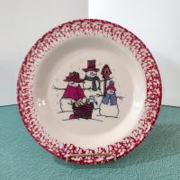 Vintage Rose Red Spongeware Snowman Holiday Christmas Ceramic Dinner Plate, Workshops of Gerald E Henn Pottery