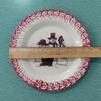 Vintage Rose Red Spongeware Snowman Holiday Christmas Ceramic Dinner Plate, Workshops of Gerald E Henn Pottery