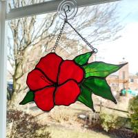 Stained Glass Red Hibiscus Flower Suncatcher