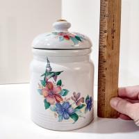 Vintage Hummingbird and Flowers Ceramic Canister Airtight Storage Jar Container, Morgana Collection Pink and Blue Floral Lidded Jar