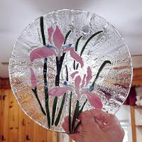 Vintage Sydenstricker Fused Glass Ruffled Floral Iris Bowls, Set of Two, Pink and White Iris Bowls