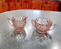 Vintage Jeanette Cube Pink Sugar and Creamer Set, Pink Depression Glass