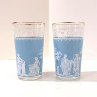 Vintage Jeanette Hellenic Blue 10 Ounce Flat Tumbler Glasses, Set of 2, MCM Barware