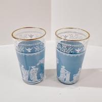 Vintage Jeanette Hellenic Blue 10 Ounce Flat Tumbler Glasses, Set of 2, MCM Barware