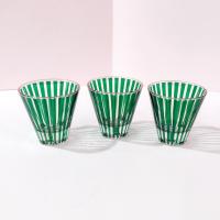 Vintage Jeanette Glass Carousel Emerald Green Striped Small Cocktail Shot Glasses, Set of Three, Art Deco Barware