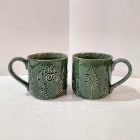 Vintage Oversized 20 Ounce Ceramic Joy Mugs, Set of Two, Green Pine Tree Motif, Holiday Coffee Tea Mugs