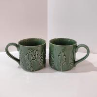 Vintage Oversized 20 Ounce Ceramic Joy Mugs, Set of Two, Green Pine Tree Motif, Holiday Coffee Tea Mugs