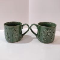 Vintage Oversized 20 Ounce Ceramic Joy Mugs, Set of Two, Green Pine Tree Motif, Holiday Coffee Tea Mugs