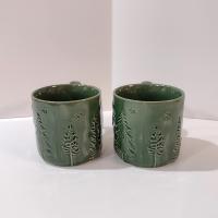 Vintage Oversized 20 Ounce Ceramic Joy Mugs, Set of Two, Green Pine Tree Motif, Holiday Coffee Tea Mugs