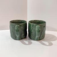 Vintage Oversized 20 Ounce Ceramic Joy Mugs, Set of Two, Green Pine Tree Motif, Holiday Coffee Tea Mugs