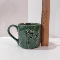 Vintage Oversized 20 Ounce Ceramic Joy Mugs, Set of Two, Green Pine Tree Motif, Holiday Coffee Tea Mugs