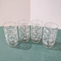 Vintage Libbey White Floral Lattice 12 Ounce Drinking Glasses Tumblers, Set of Four