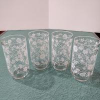 Vintage Libbey White Floral Lattice 12 Ounce Drinking Glasses Tumblers, Set of Four