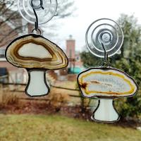 Mushrooms Agate Geode and Stained Glass Suncatchers, Set of Two