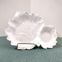 Set of 3 Vintage White Ceramic Leaf Shaped Snack Trays with Drink Holders, Leaf Appetizer Plates