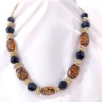 Vintage Leopard Print and Black Beaded Necklace and Earring Set, Gold Tone Animal Print Jewelry