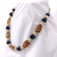 Vintage Leopard Print and Black Beaded Necklace and Earring Set, Gold Tone Animal Print Jewelry