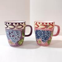 Vintage Laurie Gates Hydrangea Ceramic Pink and Purple Spongeware Coffee Tea Mugs, Set of Two