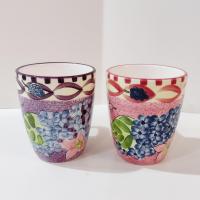 Vintage Laurie Gates Hydrangea Ceramic Pink and Purple Spongeware Coffee Tea Mugs, Set of Two