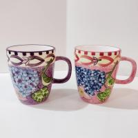 Vintage Laurie Gates Hydrangea Ceramic Pink and Purple Spongeware Coffee Tea Mugs, Set of Two