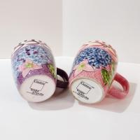 Vintage Laurie Gates Hydrangea Ceramic Pink and Purple Spongeware Coffee Tea Mugs, Set of Two
