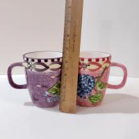Vintage Laurie Gates Hydrangea Ceramic Pink and Purple Spongeware Coffee Tea Mugs, Set of Two