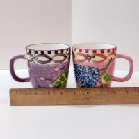 Vintage Laurie Gates Hydrangea Ceramic Pink and Purple Spongeware Coffee Tea Mugs, Set of Two