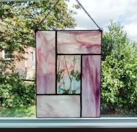 Stained Glass Window Panel Suncatcher, Pink and White Opalescent Glass with Confetti Glass Center
