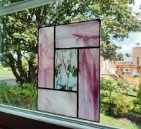 Stained Glass Window Panel Suncatcher, Pink and White Opalescent Glass with Confetti Glass Center