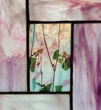 Stained Glass Window Panel Suncatcher, Pink and White Opalescent Glass with Confetti Glass Center