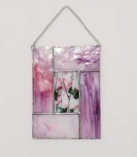 Stained Glass Window Panel Suncatcher, Pink and White Opalescent Glass with Confetti Glass Center