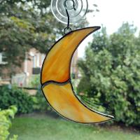 Crescent Moon Stained Glass Suncatcher, Yellow Swirled Corsica Glass