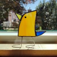 Stained Glass Standing Bird, Funky Orange and Blue Glass Bird Suncatcher, Bird Lover Gift