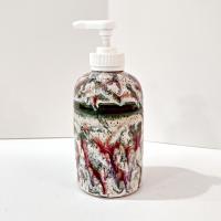 Vintage Ceramic Soap Lotion Dispenser, Green and Maroon Lucaks Pottery Sodus Point New York