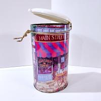 Vintage Main Street Coffee Shop Cylinder Storage Tin with Airtight Clamp Lid, Retro Shop Front Decorative Metal Container