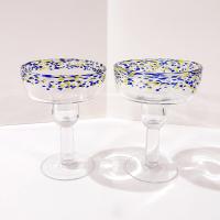 Vintage Hand Blown Confetti Margarita Glasses, Set of Two, Blue and Yellow Fiesta Cocktail Glasses