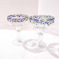 Vintage Hand Blown Confetti Margarita Glasses, Set of Two, Blue and Yellow Fiesta Cocktail Glasses