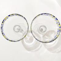 Vintage Hand Blown Confetti Margarita Glasses, Set of Two, Blue and Yellow Fiesta Cocktail Glasses