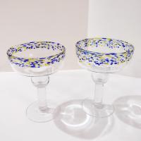 Vintage Hand Blown Confetti Margarita Glasses, Set of Two, Blue and Yellow Fiesta Cocktail Glasses