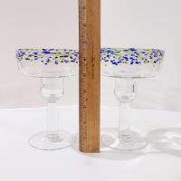 Vintage Hand Blown Confetti Margarita Glasses, Set of Two, Blue and Yellow Fiesta Cocktail Glasses