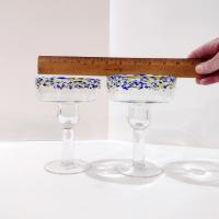 Vintage Hand Blown Confetti Margarita Glasses, Set of Two, Blue and Yellow Fiesta Cocktail Glasses