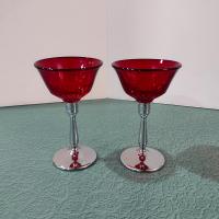 Vintage Paden City Glades Ruby Red Wine Glasses with Chrome Stems, Set of Two
